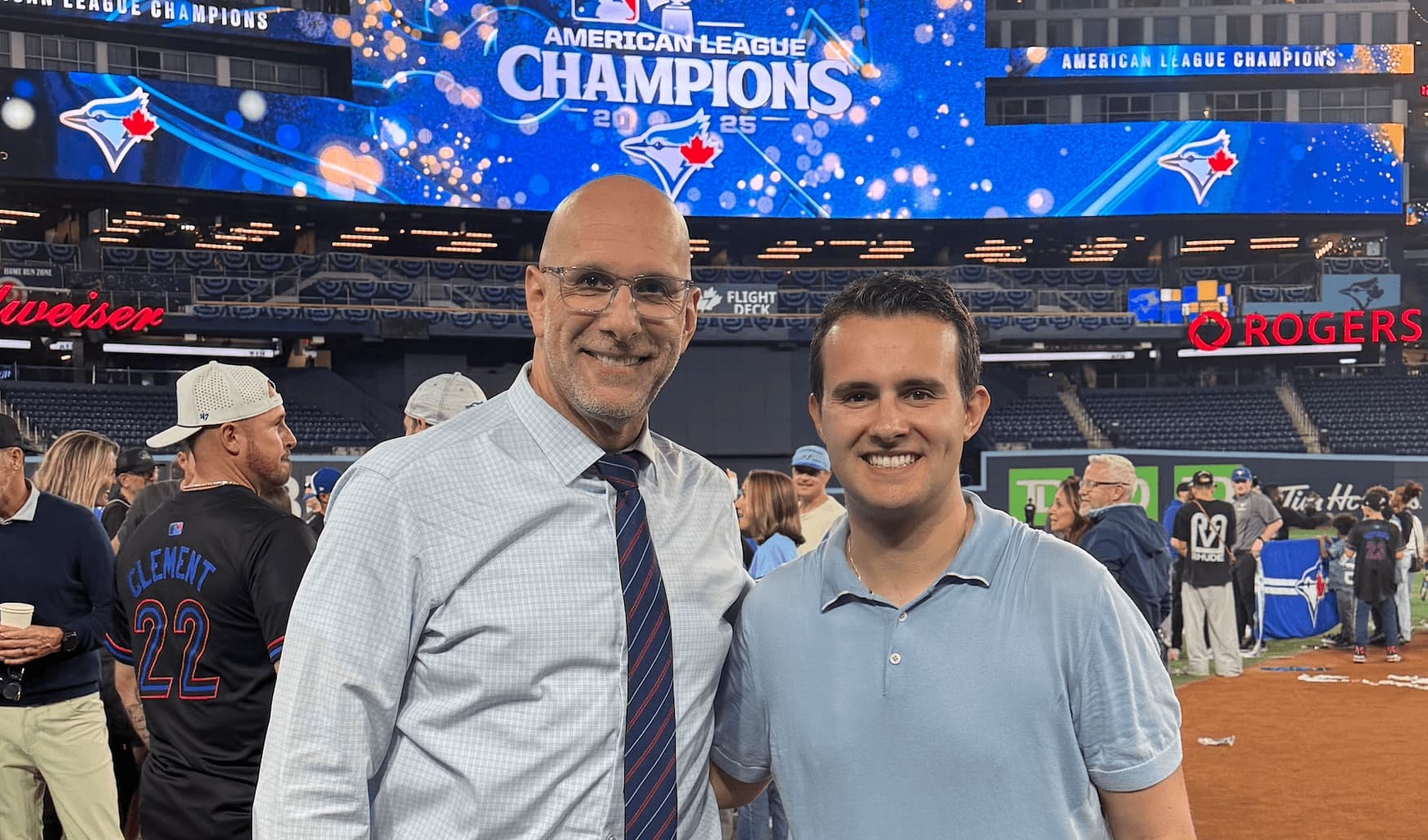 Dan Shulman and son Ben Shulman at the American League championship game. The also announced the World Series with the Blue Jays and the Dodgers.